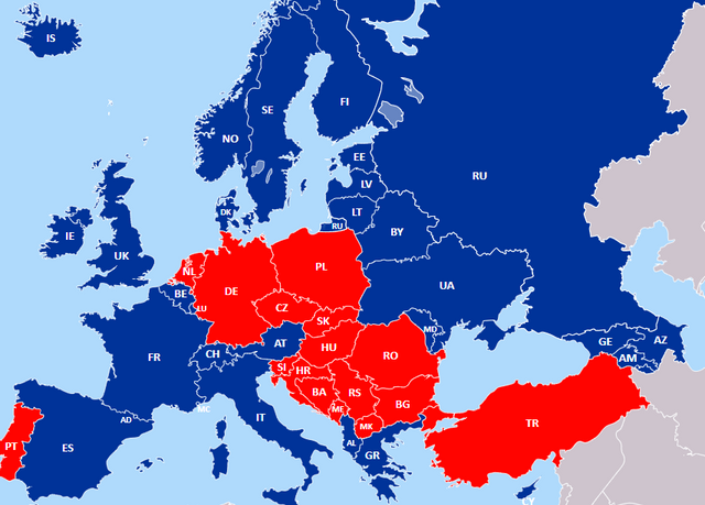 Червоним виділено країни, де заборонені шиповані шини, синім - де дозволено - фото 364284