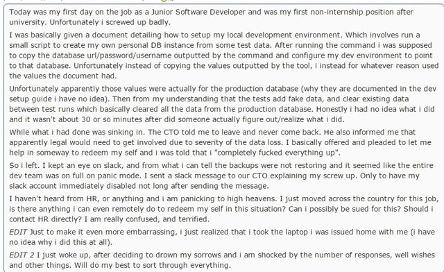 Історія провалу розробника-невдахи в перший робочий день стала вірусною на Reddit - фото 173866