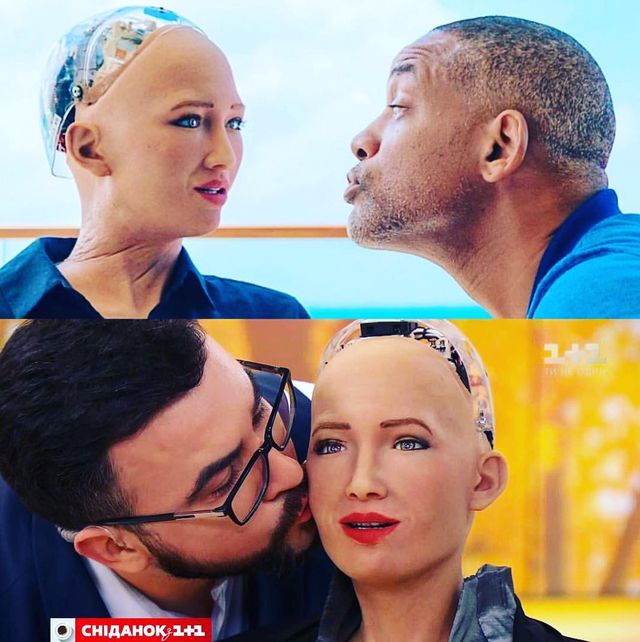 Руслан Сєнічкін поцілував робота Софію - фото 282084