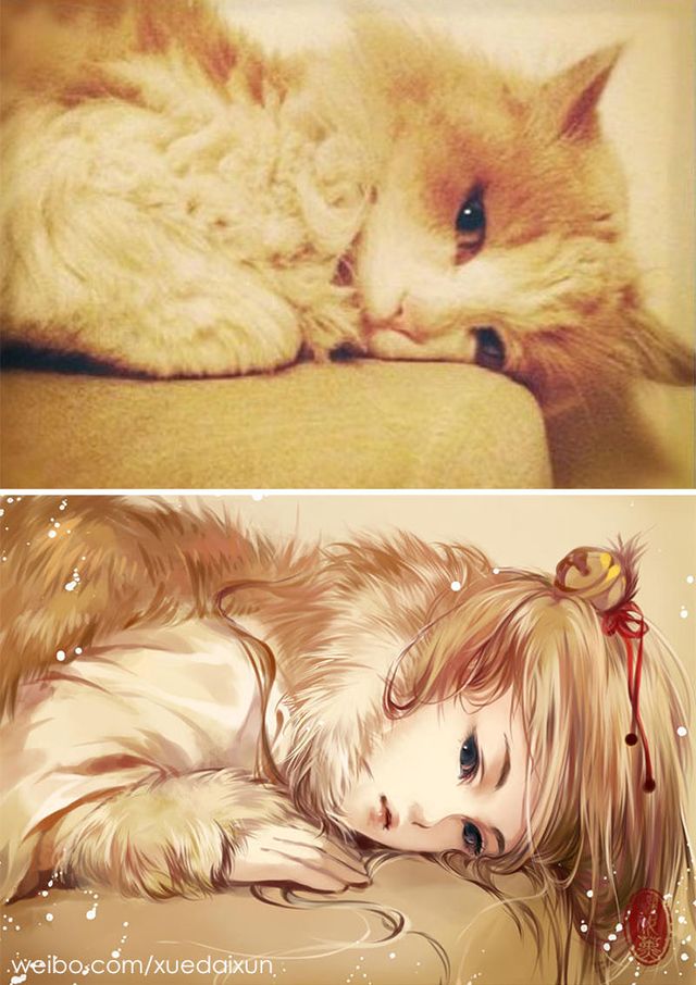 Художниця перетворює котиків у персонажів аніме - фото 296450