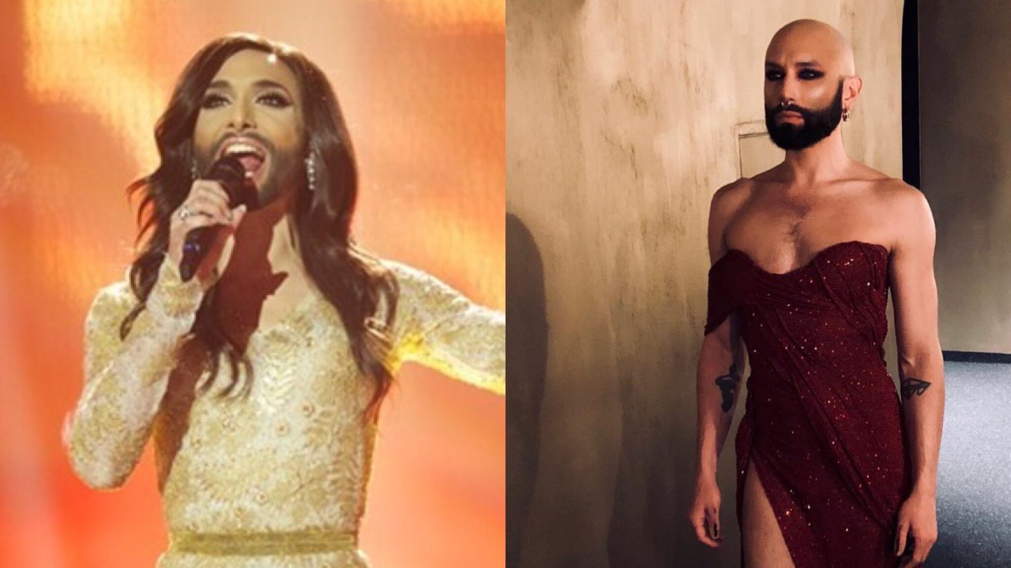 Вурст йде коридором в червоному платті з рослинністю на обличчі - фото 1