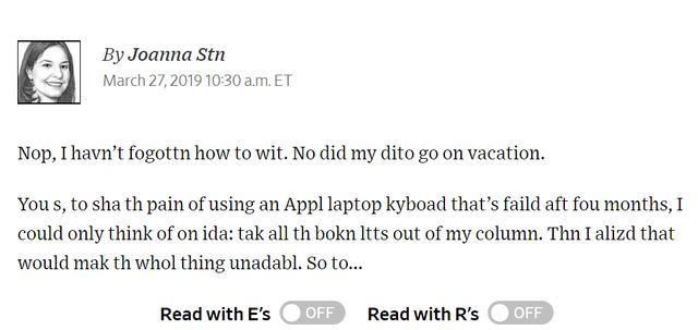 ЗМІ потролили Apple, випустивши статтю без букв, які западають на клавіатурі MacBook - фото 317422