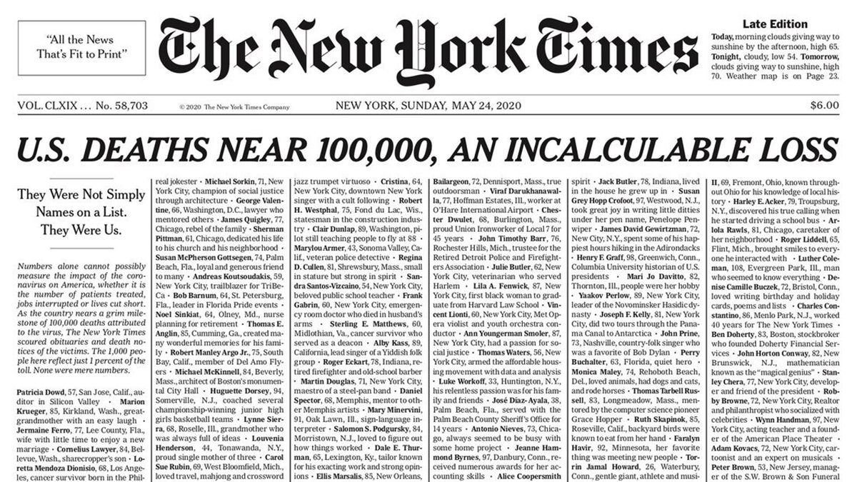 The New York Times надрукувала на першій шпальті імена жертв Covid-19 у США