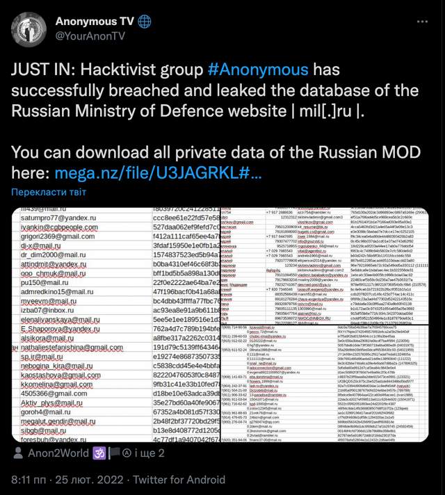 Anonymous зламав сайт Міноборони Росії: дані тепер гуляють інтернетом - фото 498823