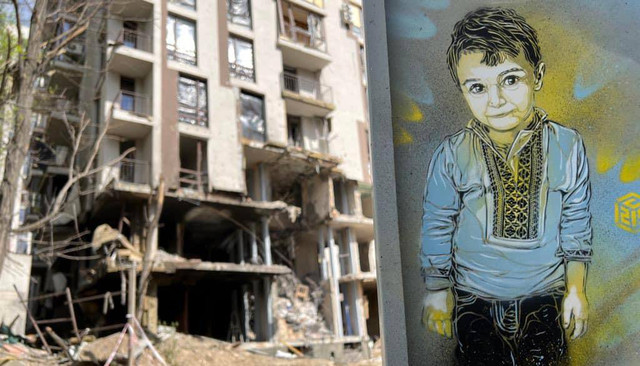 Вуличний митець з Франції створив декілька графіті на зруйнованих будівлях Київщини - фото 518207