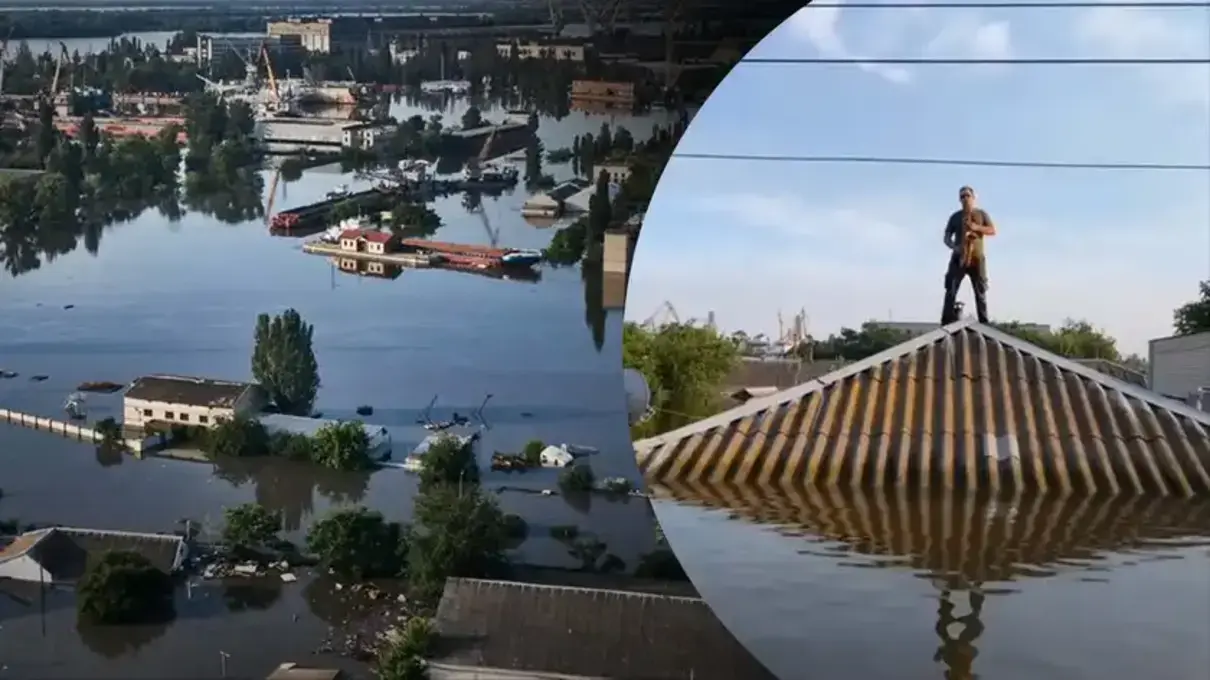 Відео дня: волонтер на даху затопленого дому зіграв гімн України