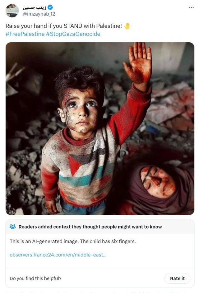 Фото з малим палестинцем на тлі тіла мами – фейк і продукт ШІ - фото 533424