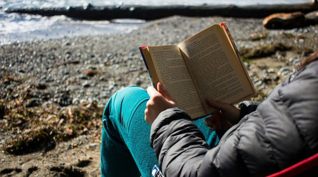 людина читає на березі моря - фото 566131